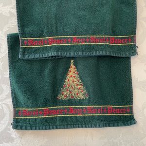 Plush Noel, Peace, Joy Forest Green Hand Towels Gold Embroidered Christmas Tree